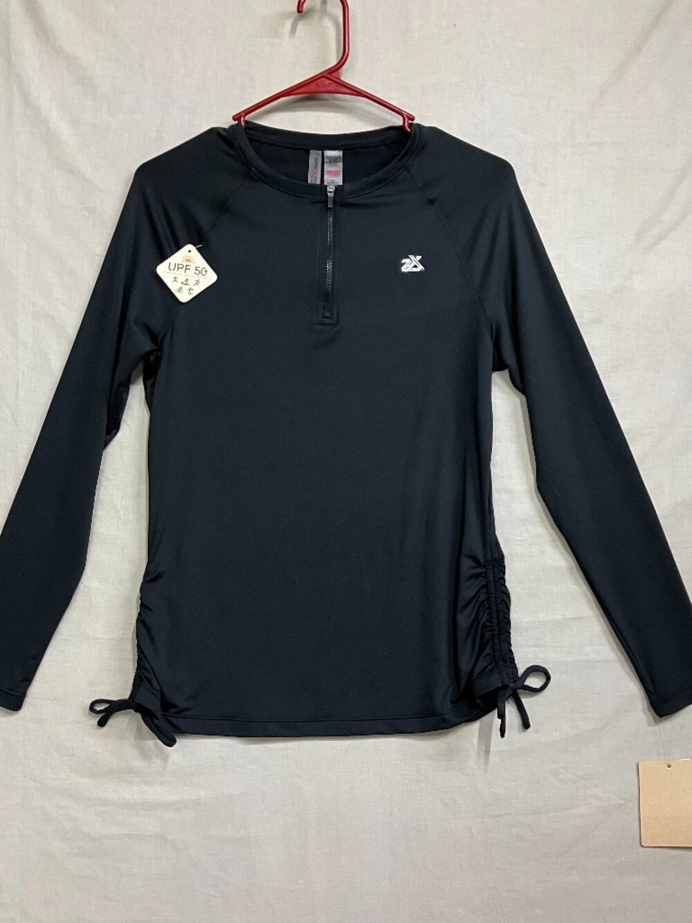 Zeroxposur Sun Smart Swim Shirt Women’s S Black 1/4 Zip Ruched Sides Rash Guard